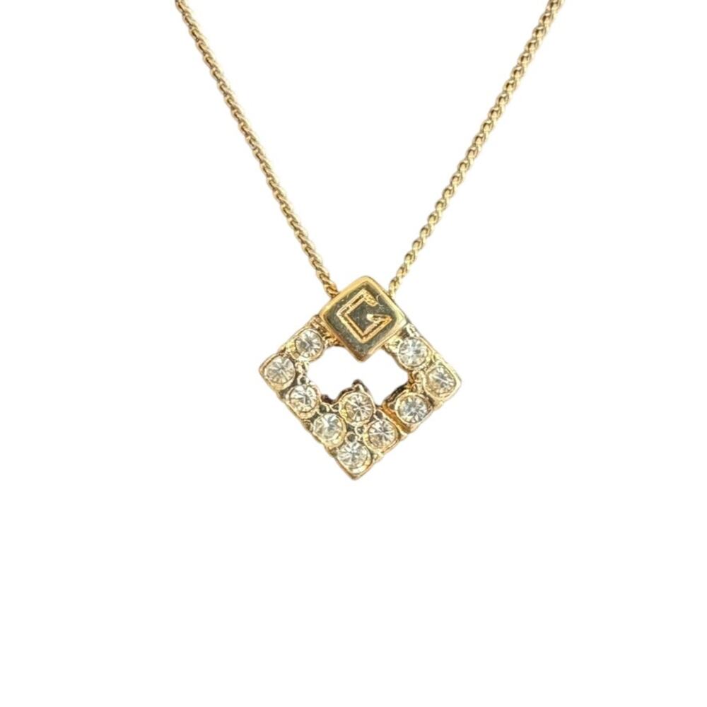 Vintage Givenchy Crystal Logo Pendant Necklace Gold Tone